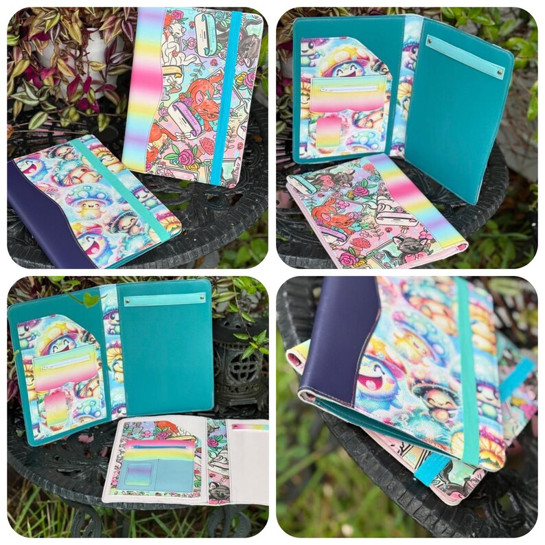 May include: A collection of colorful notebooks and organizers. The covers feature vibrant patterns with cartoon characters, mushrooms, and rainbows. Some are open, revealing pockets and interior designs. The color palette includes teal, purple, pink, and yellow.