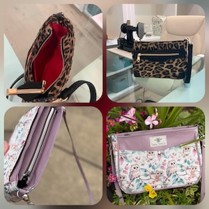 May include: A collage showing two crossbody bags. One bag features a leopard print with black trim and a bright red interior. The second bag has a light purple top panel, a white base with an owl and leaf pattern, and a label reading "Courter Stitch Co."