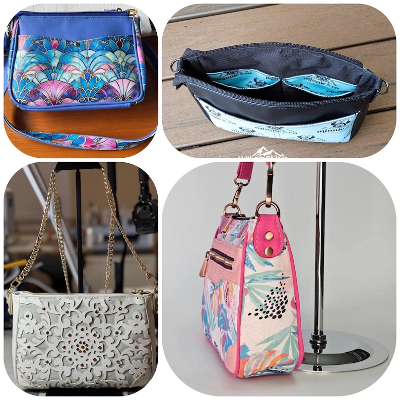 May include: A collage of four crossbody bags. One features a blue and multi-colored fan pattern, another is black with light blue interior pockets, one is white with a laser-cut floral design and gold chain, and one has a pink and floral print.
