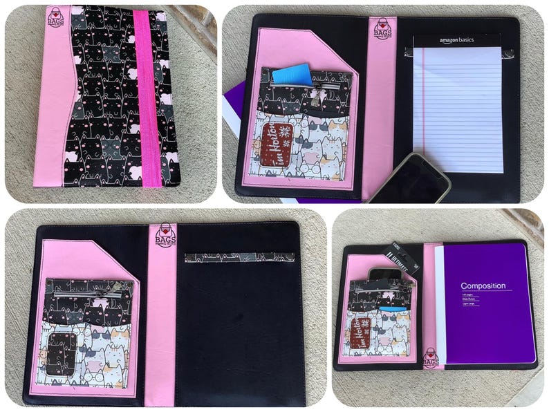 May include: Black and pink portfolio with a cat pattern. The portfolio has a pink accent and a pocket with a cat pattern. The portfolio is open, revealing a notepad, a phone, and a purple notebook.