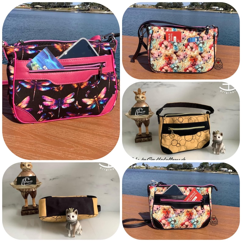 May include: A collection of crossbody bags featuring a black bag with a colorful dragonfly print and pink trim, and a tan bag with a black circular pattern. Both bags include multiple zippered pockets, adjustable straps, and card slots.