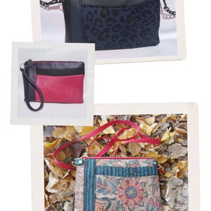 Pode incluir: Tr&ecirc;s estilos diferentes de bolsas pequenas. A primeira &eacute; preta com um bolso de estampa de leopardo, a segunda &eacute; vermelha com detalhes pretos e cinzas, e a terceira &eacute; de estampa floral com uma faixa azul e preta.