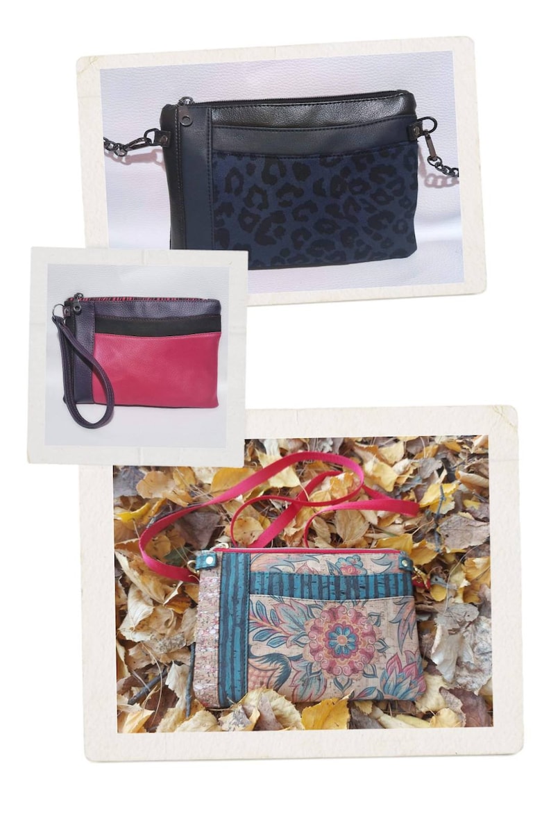 Pode incluir: Tr&ecirc;s estilos diferentes de bolsas pequenas. A primeira &eacute; preta com um bolso de estampa de leopardo, a segunda &eacute; vermelha com detalhes pretos e cinzas, e a terceira &eacute; de estampa floral com uma faixa azul e preta.