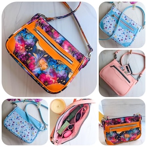 May include: Six different views of a small crossbody bag. The bag is available in three colors: blue with white polka dots, pink, and black with a floral print. The bag has a zippered pocket on the front and a zipper closure. The bag also has a detachable strap. The bag is shown with various items inside, including a phone, a wallet, and a lipstick.