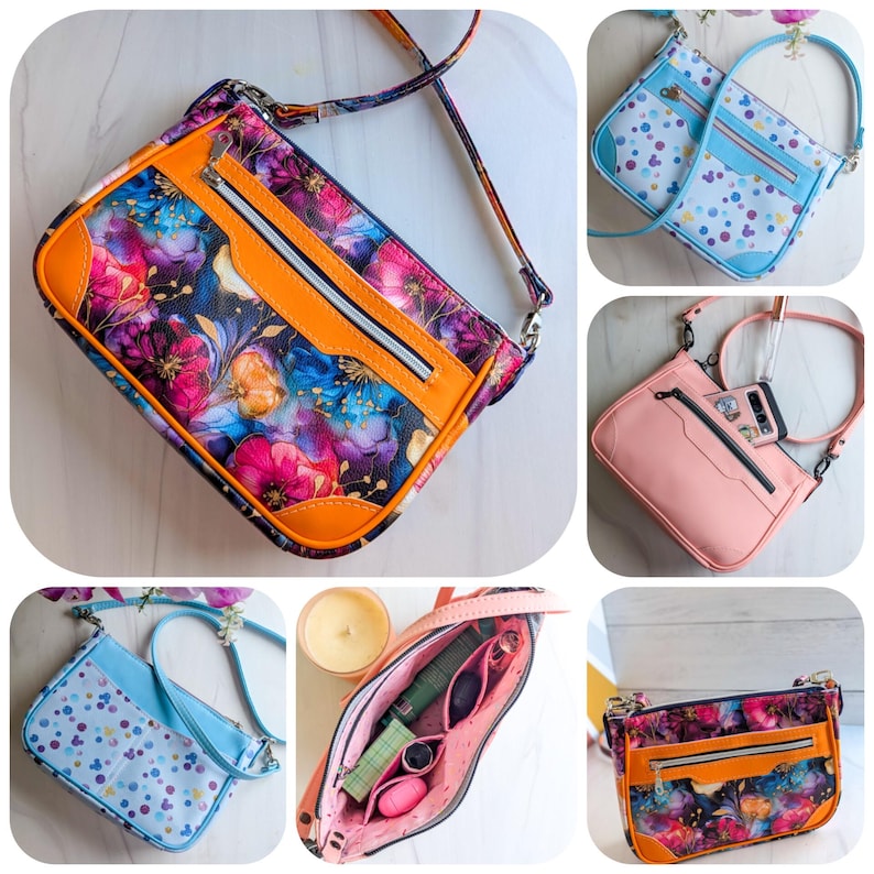 May include: Six different views of a small crossbody bag. The bag is available in three colors: blue with white polka dots, pink, and black with a floral print. The bag has a zippered pocket on the front and a zipper closure. The bag also has a detachable strap. The bag is shown with various items inside, including a phone, a wallet, and a lipstick.