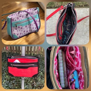 May include: A multi-view collage of a crossbody bag featuring a purple lava lamp print, a red crocodile-textured exterior, and various interior compartments with pink animal print lining, black fabric, and multiple zippered pockets.