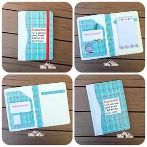 May include: A planner with a teal plaid design and the text "Tomorrow (n) A mythical land where I get all my stuff done." The planner has a red elastic band and a white spine. The inside has pockets and a notepad.