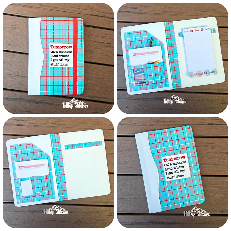 May include: A planner with a teal plaid design and the text "Tomorrow (n) A mythical land where I get all my stuff done." The planner has a red elastic band and a white spine. The inside has pockets and a notepad.