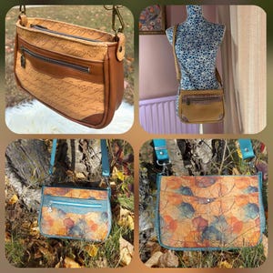 May include: A rectangular crossbody bag featuring two distinct designs. One version is tan with black script text and a zippered front pocket. The other version displays a colorful autumn leaf pattern in orange, red, and blue with a teal strap.