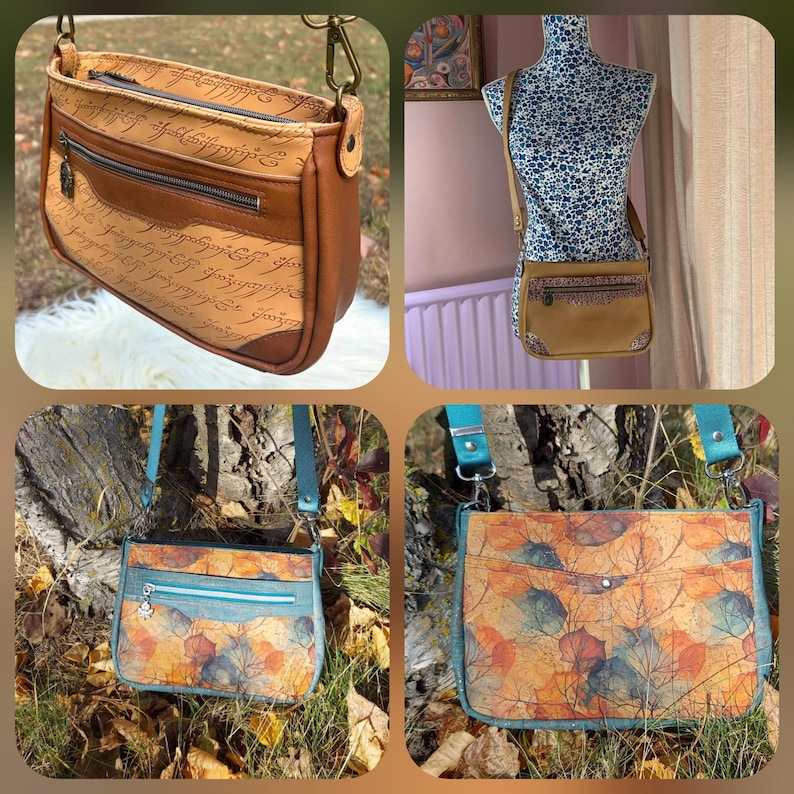 May include: A rectangular crossbody bag featuring two distinct designs. One version is tan with black script text and a zippered front pocket. The other version displays a colorful autumn leaf pattern in orange, red, and blue with a teal strap.
