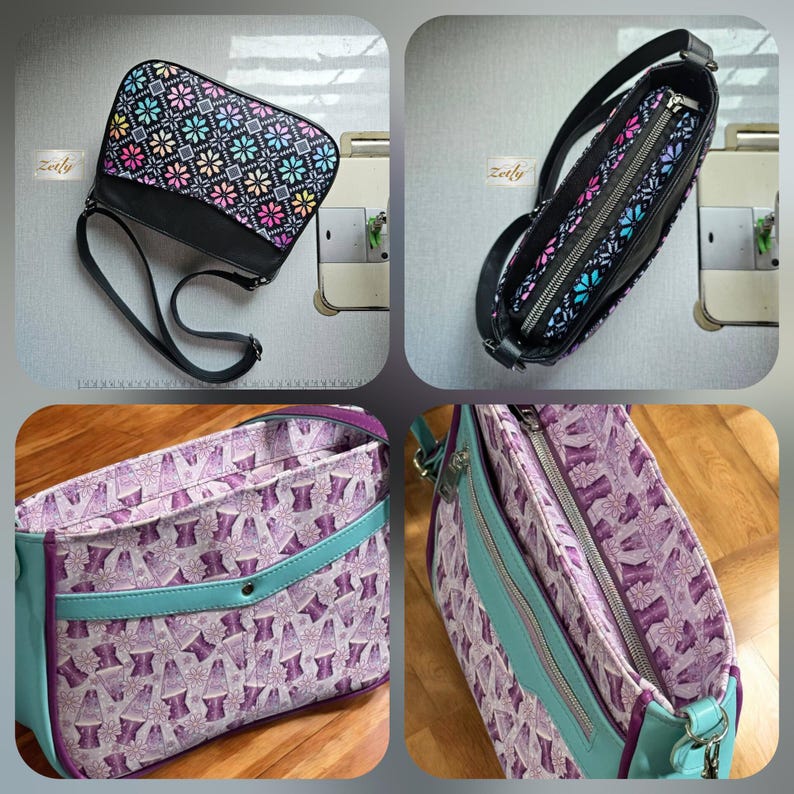 May include: A crossbody bag featuring a black exterior with a colorful floral pattern on the flap and a purple interior lining with a lava lamp print. The bag includes a silver zipper closure, a black adjustable strap, and teal trim accents.