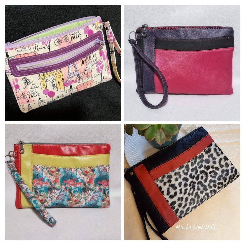 Pode incluir: Quatro estilos diferentes de bolsas com z&iacute;per e al&ccedil;as de pulso. As bolsas s&atilde;o feitas de v&aacute;rios tecidos e cores, incluindo preto, vermelho, amarelo, rosa e branco. As bolsas t&ecirc;m padr&otilde;es diferentes, incluindo um padr&atilde;o floral, uma estampa de leopardo e um design tem&aacute;tico parisiense.