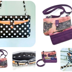 May include: A black and white polka dot crossbody bag with a purple and pink floral print crossbody bag. Both bags have a zippered closure and a flap with a snap closure. The bags have a purple wallet with multiple card slots.