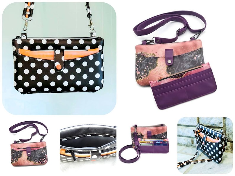 May include: A black and white polka dot crossbody bag with a purple and pink floral print crossbody bag. Both bags have a zippered closure and a flap with a snap closure. The bags have a purple wallet with multiple card slots.