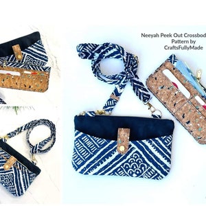 May include: A blue and white patterned crossbody wallet with a cork insert and a black strap. The wallet has a flap with a gold button and a zippered pocket. The text "Neeyah Peek Out Crossbody-Wallet Pattern by CraftsFullyMade" is visible in the image.