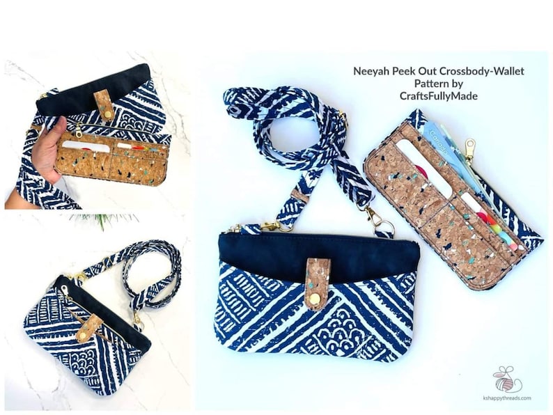 May include: A blue and white patterned crossbody wallet with a cork insert and a black strap. The wallet has a flap with a gold button and a zippered pocket. The text "Neeyah Peek Out Crossbody-Wallet Pattern by CraftsFullyMade" is visible in the image.