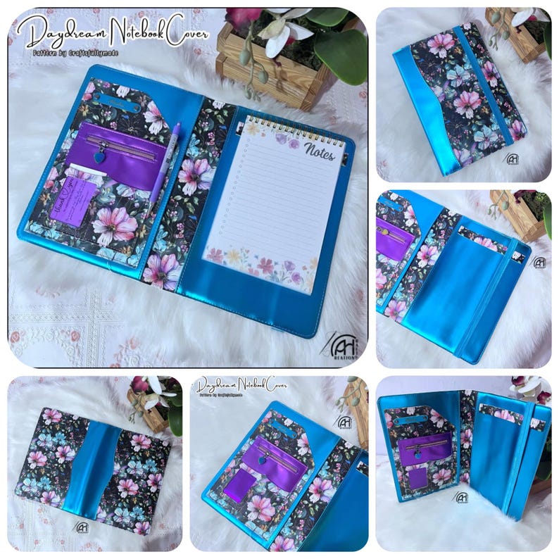 May include: A turquoise Daydream Notebook Cover with floral print accents. The cover features a purple zippered pocket, a pen holder, and a notepad with floral border. The notebook cover is open, revealing the interior design and notepad.