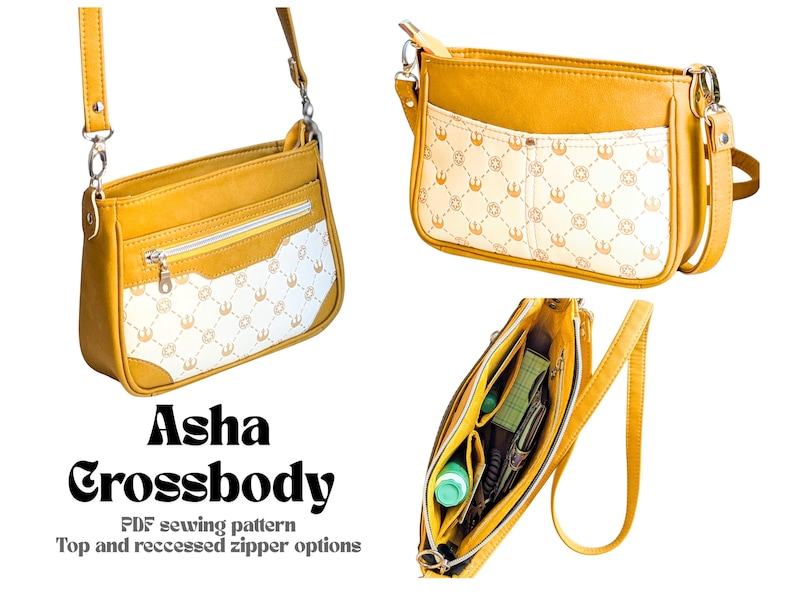 May include: A mustard yellow crossbody bag with a white front pocket featuring a repeating geometric pattern. The bag includes a shoulder strap, a top zipper, and an interior with multiple pockets. Text reads: Asha Crossbody PDF sewing pattern Top and recessed zipper options.