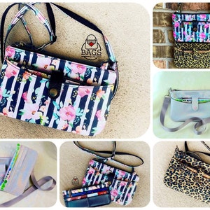 May include: Six different crossbody bags with various patterns and colors. The bags have multiple pockets and a zipper closure. The bags are made of fabric and have adjustable straps.