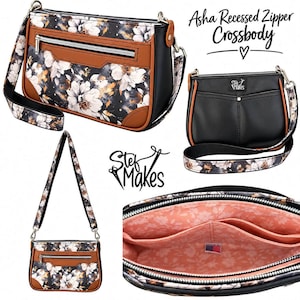 May include: A multi-view display of the Asha Recessed Zipper Crossbody bag by Stef Makes. The bag features a floral print, brown trim, and black accents. It includes a zippered front pocket, a detachable strap, and a peach-colored interior lining.