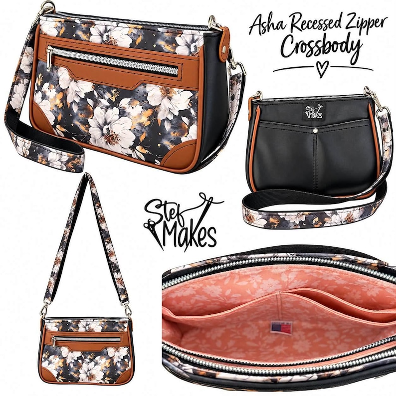 May include: A multi-view display of the Asha Recessed Zipper Crossbody bag by Stef Makes. The bag features a floral print, brown trim, and black accents. It includes a zippered front pocket, a detachable strap, and a peach-colored interior lining.