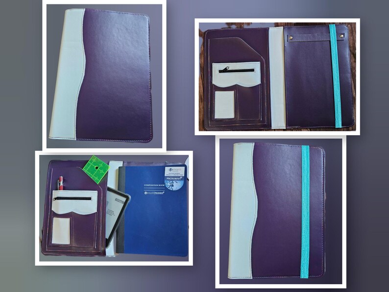 May include: A purple leather portfolio with a white accent and a teal elastic band. The interior features pockets, a zipper pocket, and a pen holder. A blue notebook and a tablet are visible inside.