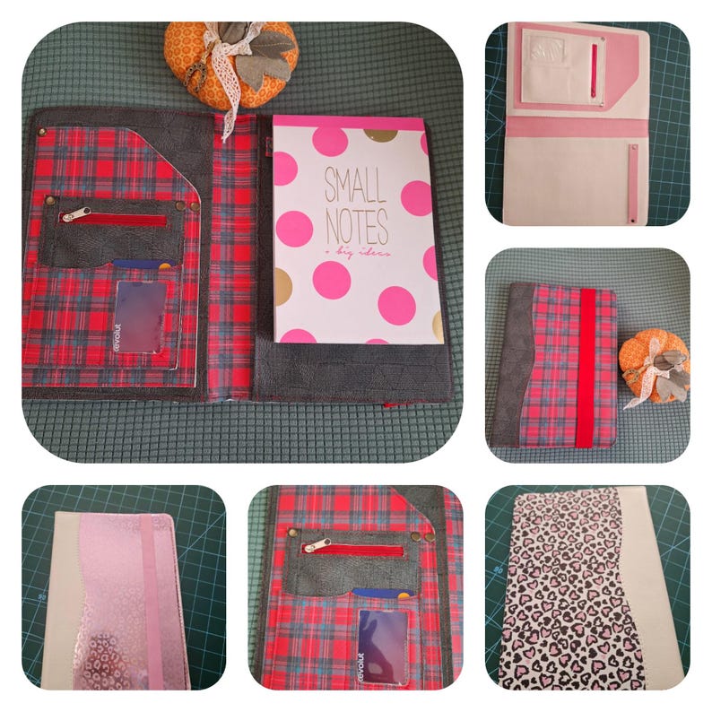 May include: A plaid fabric notebook cover with a red zipper pocket and card slots. A notebook with pink polka dots and the words "SMALL NOTES a big idea" is inside. The cover is open, revealing the interior design.