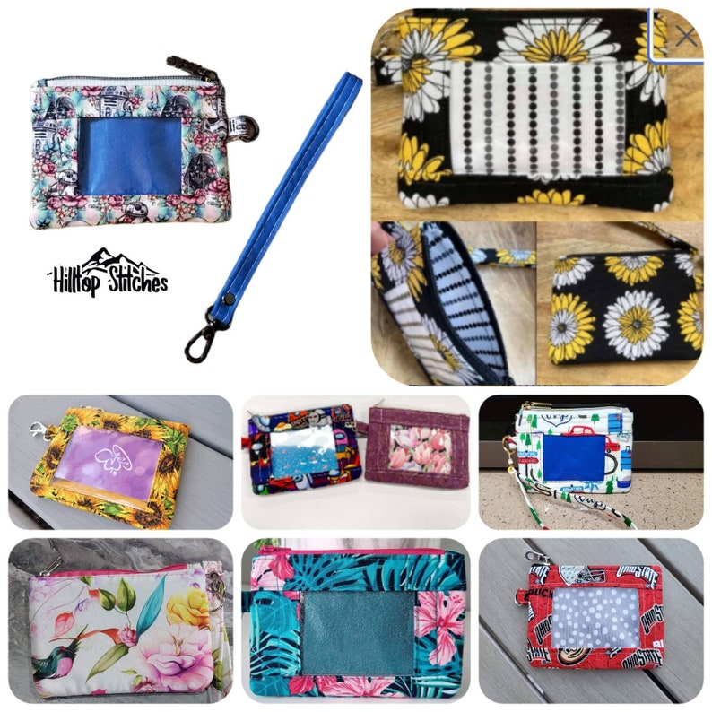 Puede incluir: Una colecci&oacute;n de nueve bolsas con cremallera de tela diferentes con ventanas de pl&aacute;stico transparente. Las bolsas est&aacute;n decoradas con varios patrones, incluyendo girasoles, hojas tropicales y un colibr&iacute;. El texto "Hilltop Stitches" es visible en una de las bolsas.