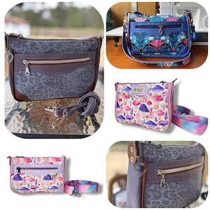 May include: A collection of crossbody bags featuring various designs including a grey leopard print with brown trim, a blue art deco pattern, and a white bag with a colorful mushroom print and a Wild at Heart label, all with adjustable straps.