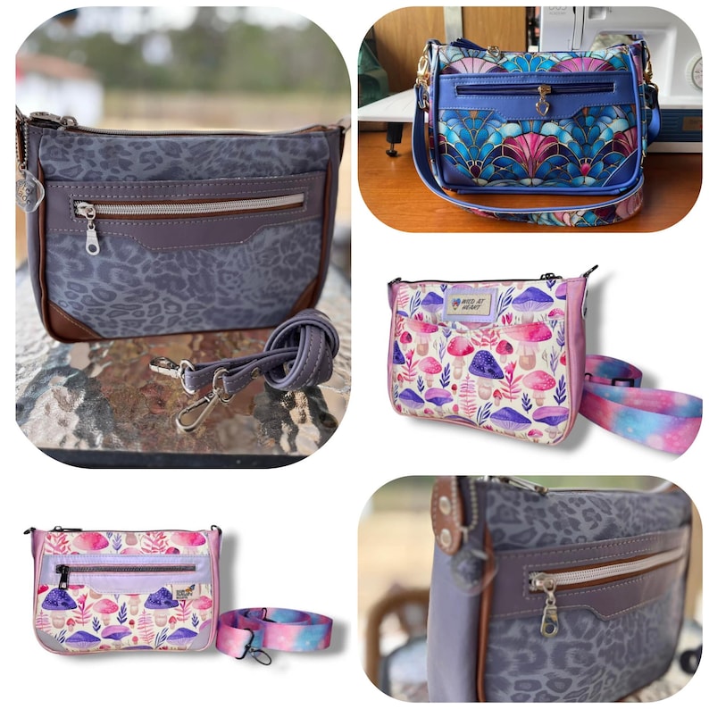 May include: A collection of crossbody bags featuring various designs including a grey leopard print with brown trim, a blue art deco pattern, and a white bag with a colorful mushroom print and a Wild at Heart label, all with adjustable straps.