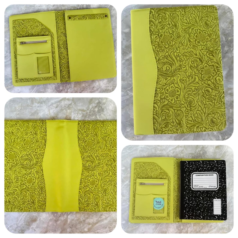 May include: A lime green leather portfolio with a floral embossed design. The portfolio has a zippered pocket, card slots, and a composition notebook. The interior and spine are a solid lime green.