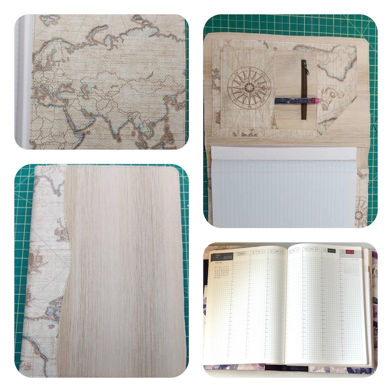 May include: A multi-panel image showcasing a notebook and planner. The notebook cover features a world map design in beige and brown. The planner has a wooden cover with a compass rose and a pen holder. The open planner displays lined pages with a calendar.