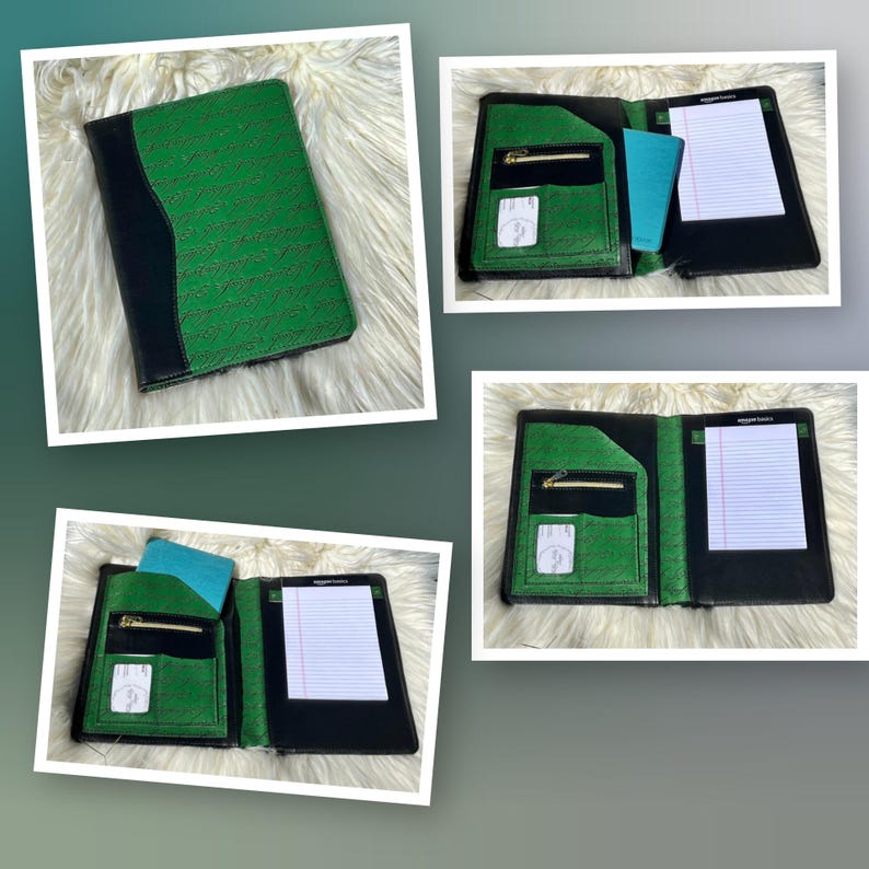 May include: Green and black leather portfolio with a textured finish. The portfolio has a zippered pocket, card slots, and a notepad. The notepad has the text "Amazon Basics" printed on the top. The portfolio is open in some images.