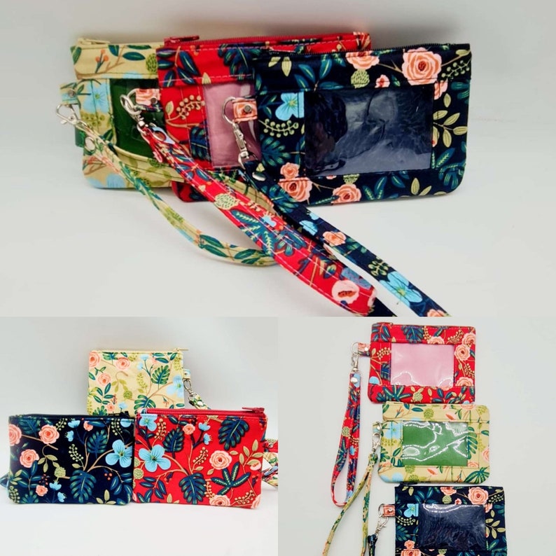 Puede incluir: Cuatro bolsas con cremallera de diferentes patrones florales con ventanas de pl&aacute;stico transparente y correas de tela a juego. Las bolsas son de color rojo, verde, amarillo y azul.
