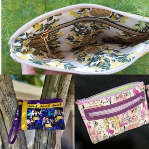 Pode incluir: Tr&ecirc;s bolsas diferentes com fecho de correr em tecido. A primeira bolsa &eacute; rosa com um padr&atilde;o floral. A segunda bolsa &eacute; roxa com um gr&aacute;fico preto e branco de uma bruxa e o texto "Amuck! Amuck! Amuck!" A terceira bolsa &eacute; rosa com um gr&aacute;fico preto e branco de uma cena parisiense com o texto "Paris" repetido.
