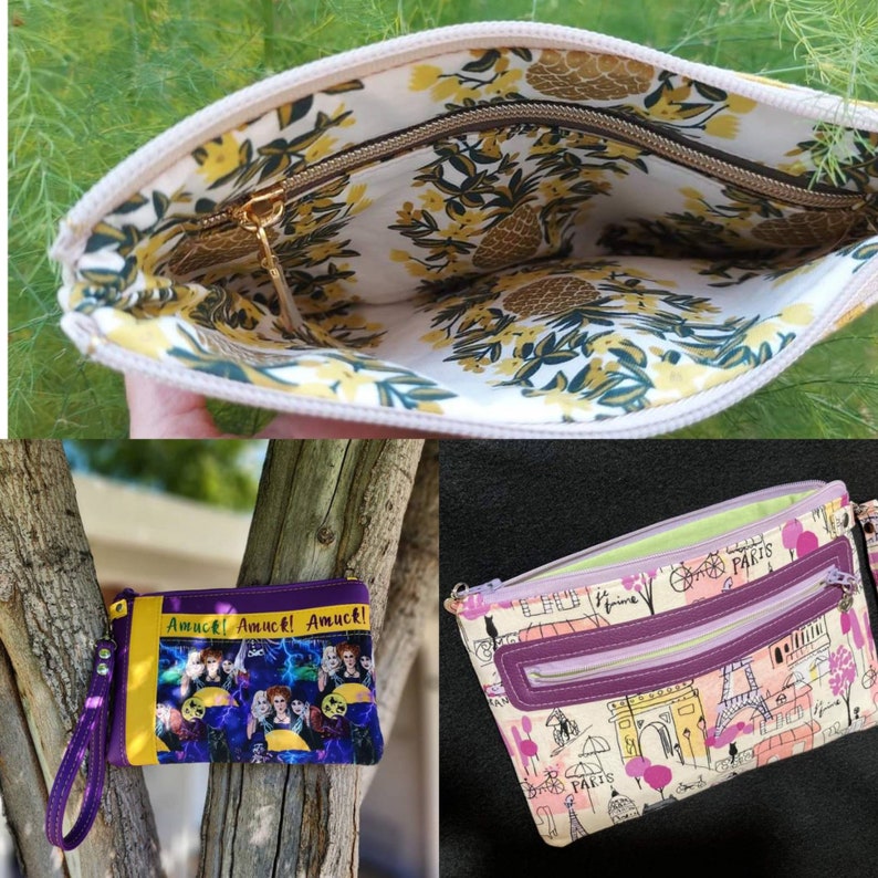 Pode incluir: Tr&ecirc;s bolsas diferentes com fecho de correr em tecido. A primeira bolsa &eacute; rosa com um padr&atilde;o floral. A segunda bolsa &eacute; roxa com um gr&aacute;fico preto e branco de uma bruxa e o texto "Amuck! Amuck! Amuck!" A terceira bolsa &eacute; rosa com um gr&aacute;fico preto e branco de uma cena parisiense com o texto "Paris" repetido.