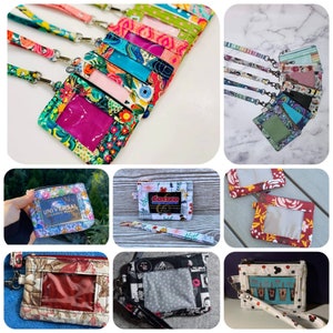 Puede incluir: Una colecci&oacute;n de porta-identificaciones de tela coloridos con ventanas de pl&aacute;stico transparente. Los porta-identificaciones est&aacute;n unidos a cordones y presentan varios patrones y dise&ntilde;os, incluyendo florales, geom&eacute;tricos y abstractos.