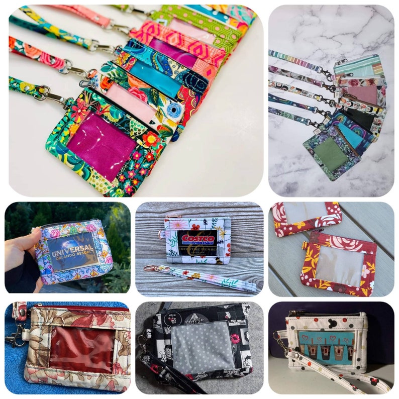 Puede incluir: Una colecci&oacute;n de porta-identificaciones de tela coloridos con ventanas de pl&aacute;stico transparente. Los porta-identificaciones est&aacute;n unidos a cordones y presentan varios patrones y dise&ntilde;os, incluyendo florales, geom&eacute;tricos y abstractos.
