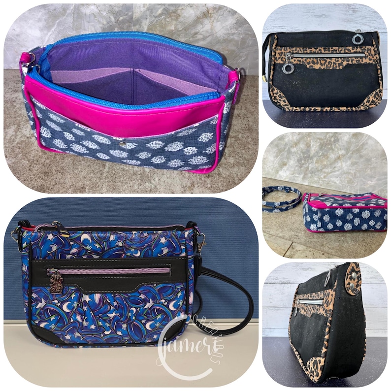 May include: A multi-view collage of crossbody bags. One bag features a blue and white patterned fabric with a bright pink trim and a purple interior. Another bag is black with leopard print accents and silver zippers.