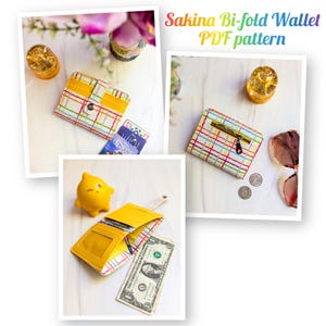 Padrão de carteira Sakina Bi-Fold, tutorial de costura para carteiras artesanais, bolso para moedas, compartimentos para cartões e padrão de fecho de pressão, projeto faça você mesmo, dobra para notas