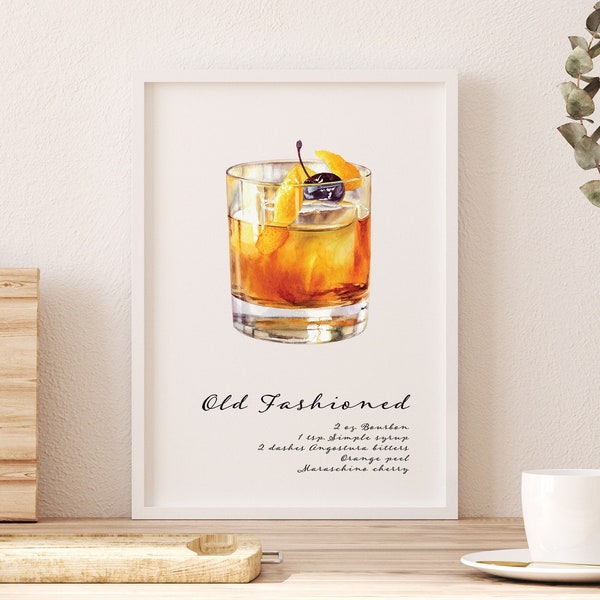 Cocktail with Recipe No. 1 Classic Old Fashioned Recipe Bourbon Cocktail Ingredients Kitchen Gifts Digital Download Printable Art