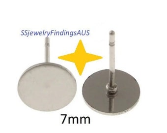 25 Pairs Stainless Steel 7mm Flat Pad Earring Stud Settings with Tension Locking nuts Hypoallergenic Tarnish Resistant