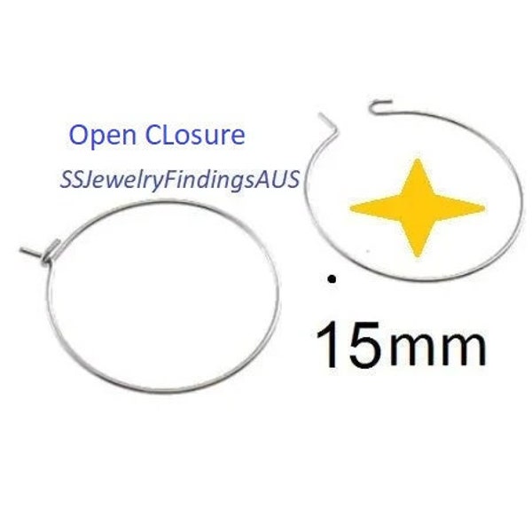 12 pairs 15mm Stainless Steel Wire Hoop Earring 22 Gauge Hypoallergenic Tarnish Resistant