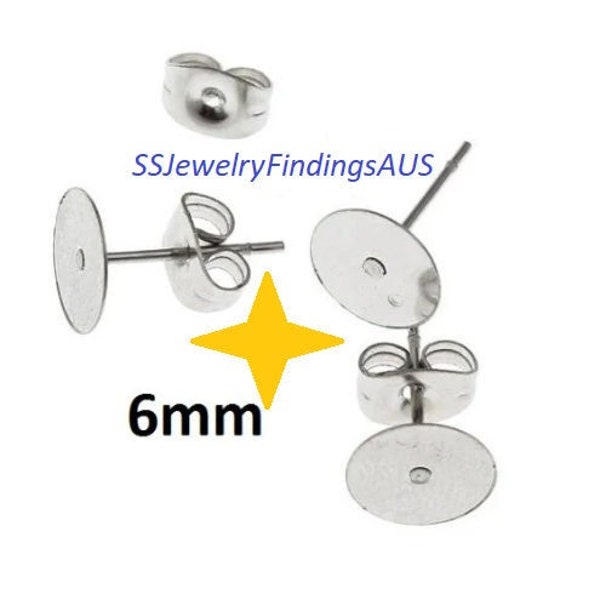 25 Pairs Stainless Steel 6mm Pad Earring Studs with Tension Locking nuts Hypoallergenic Tarnish Resistant