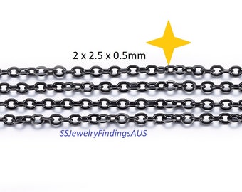 Cadena de eslabones de cable ovalada de tono negro de acero inoxidable de 1 metro, 2,5 x 2 mm, hipoalergénica, resistente al deslustre