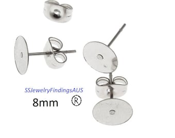 25 Pairs MULTIPLE CHOICE Stainless Steel 8mm Pad Earring Studs with Tension Locking nuts Hypoallergenic Tarnish Resistant
