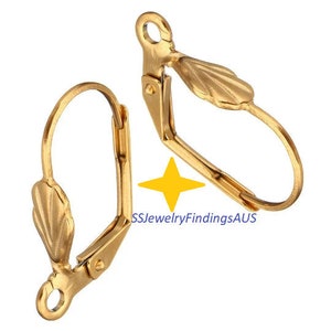 2 Pairs Gold Plated Stainless Steel Leverback Earring Wires Hooks Hoops w/ Loops and Flower Lever Back Hypoallergenic Tarnish Resistant