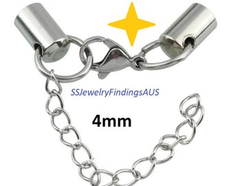 4 Pieces Stainless Steel End Cap with Lobster Clasp and Extender chain 4mm Hypoallergenic Tarnish Resistant