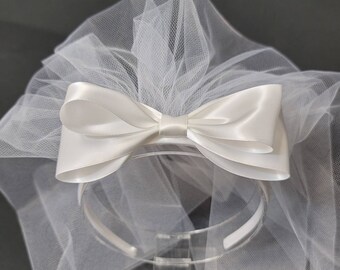 Headband Large Bow Communion Veil | Bachelorette | Confirmation Veil | First Communion Veil | Bow Veil | Cross Veil | White or Ivory