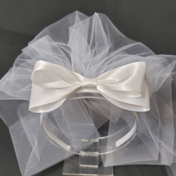 Headband Large Bow Veil | Bachelorette | Confirmation Veil | First Communion Veil | Bow Veil | Cross Veil | White or Ivory